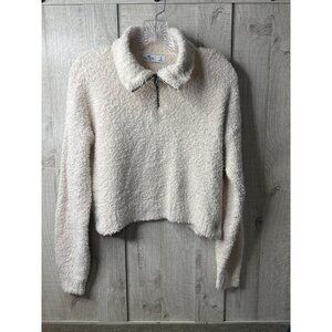 Hollister Sherpa Pullover Fuzzy Crop Sweater Womens Size S Beige Zip Mock Collar